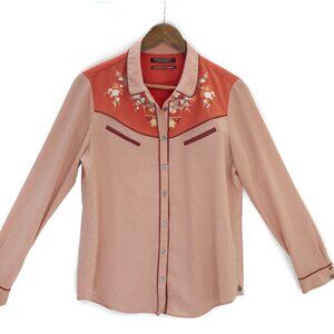 Maison Scotch Embroidered Yoke Cherry Blossom Silk Western Shirt Dusty Rose XL